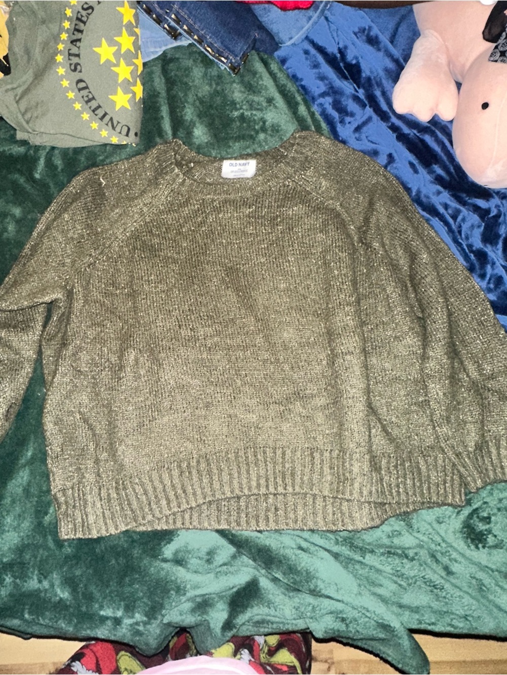Old Navy Olive Green Metallic Scoopneck Crew Sweater